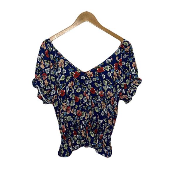 Sienna Sky Floral Smocked Tie Waist Ruffle Elastic Sleeve Blouse Women’s Medium - Picture 2 of 5